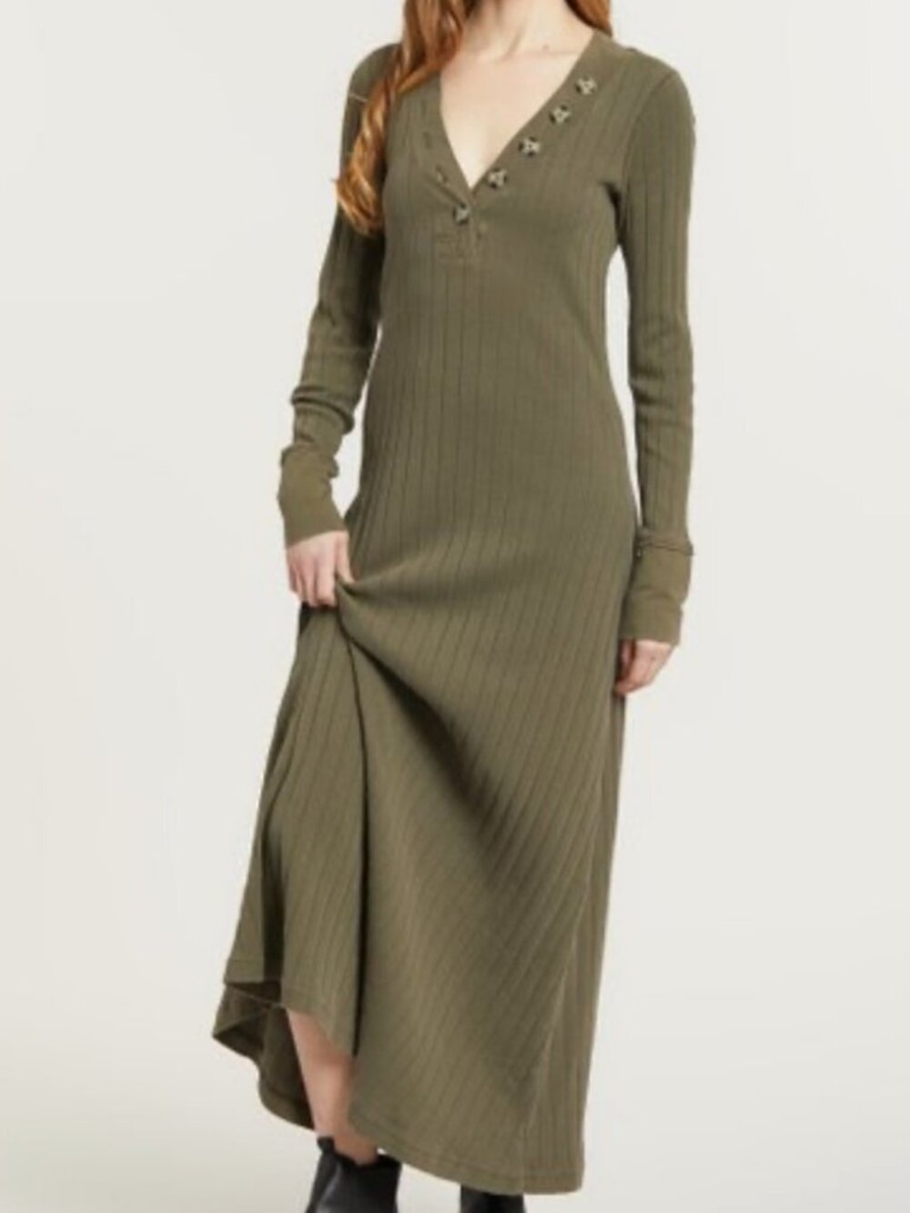 Free People Beach Sunflower Ribbed Maxi Dress Olive Green Henley Buttons Boho M